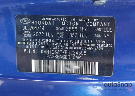 2015 Hyundai Veloster Turbo z USA, uszkodzony, nr VIN KMHTC6AEXFU224598